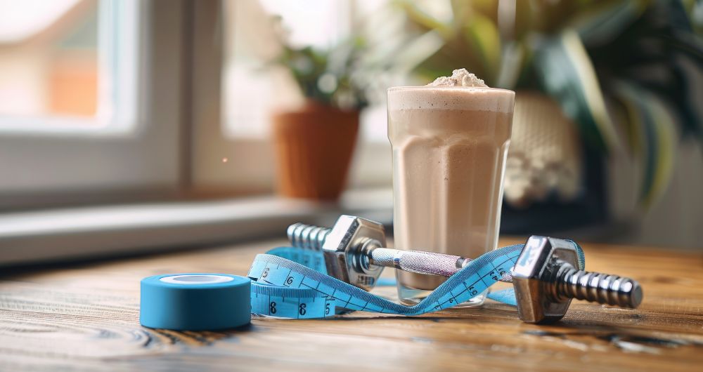 Protein shake, dumbbells, and measuring tape on a table